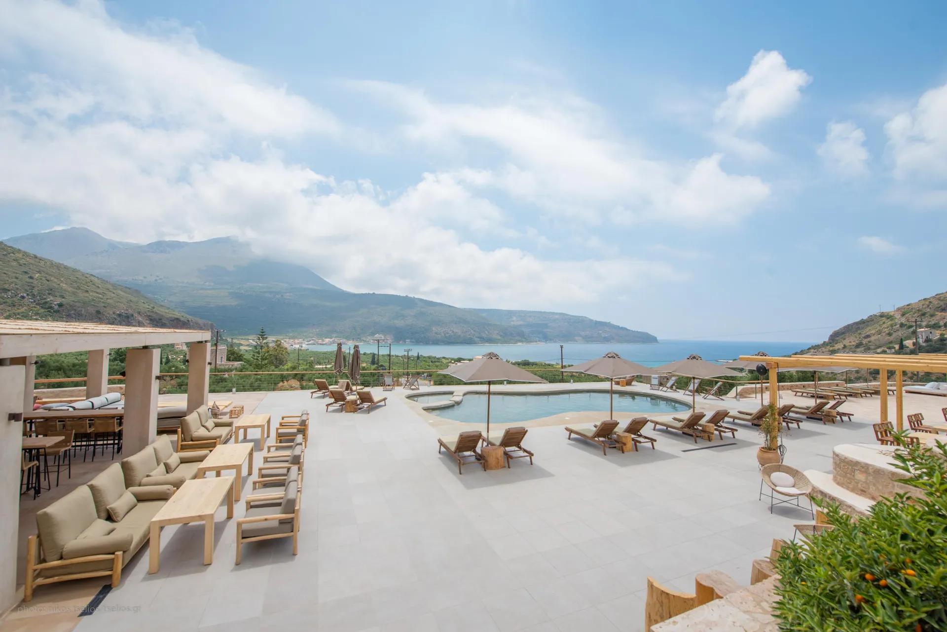 Outdoor pool area at golden hour